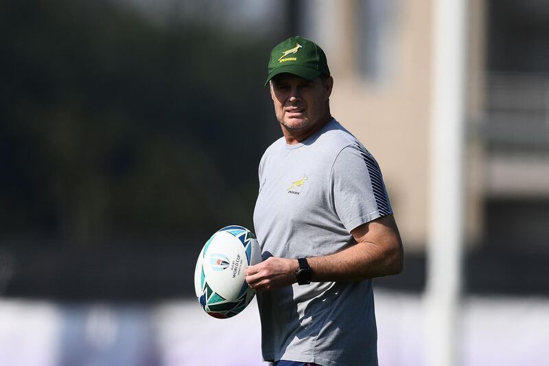 South Africa's head coach Rassie Erasmus takes part in a team training session at the Arcs Urayasu Park in Urayasu, Chiba in Japan. AFP