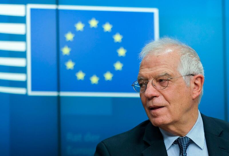 EU foreign affairs high representative Josep Borrell addresses a press conference following a videoconference with EU Defence Ministers in Brussels on June 16, 2020.   / AFP / POOL / Olivier HOSLET
