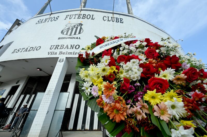 A supporter brings flowers to the Urbano Caldeira Stadium ahead of Pele's wake. Getty