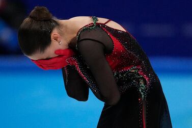 FILE - Kamila Valieva, of the Russian Olympic Committee, reacts after the women's free skate program during the figure skating competition at the 2022 Winter Olympics, Thursday, Feb.  17, 2022, in Beijing.  (AP Photo / Bernat Armangue, File)