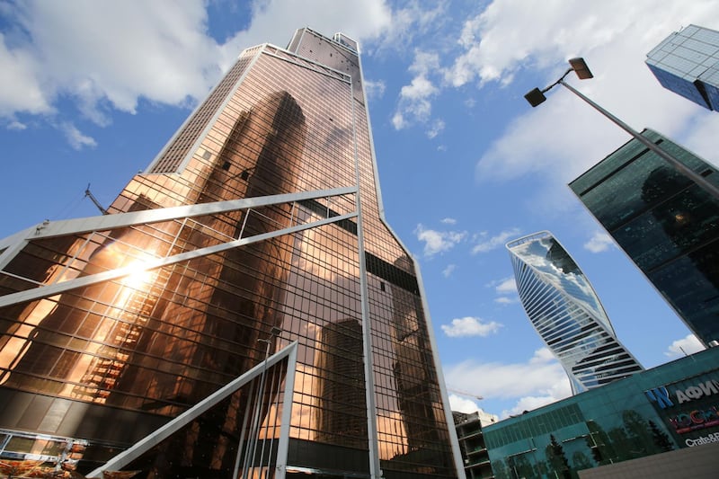 The Mercury City Tower, left, stands near the Evolution Tower, third right, at the Moscow International Business Center (MIBC), also known as Moscow City, in Moscow, Russia, on Tuesday, Aug. 16, 2016. Despite an economic contraction since the start of 2015, unemployment has now dropped for three straight months to near the lowest in a year. Photographer: Andrey Rudakov/Bloomberg