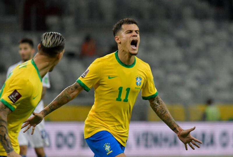 Philippe Coutinho scored Brazil's second goal in the 4-0 win over Paraguay in the 2022 World Cup qualifying match in Belo Horizonte. Reuters