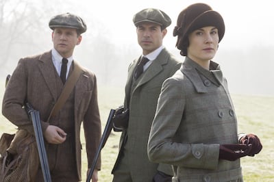 A handout photo of Downton Abbey season 5 showing Tom Branson (Allen Leech), Lord Gillingham (Tom Cullen), & Lady Mary Crawley (Michelle Dockery) (Courtesy: OSN)