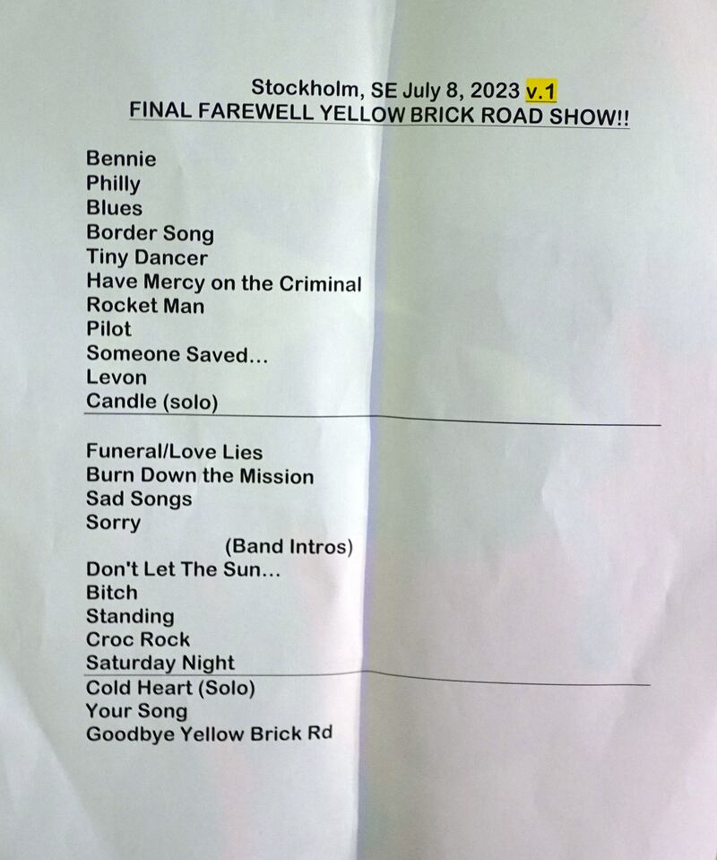 John's  set list for his Stockholm show