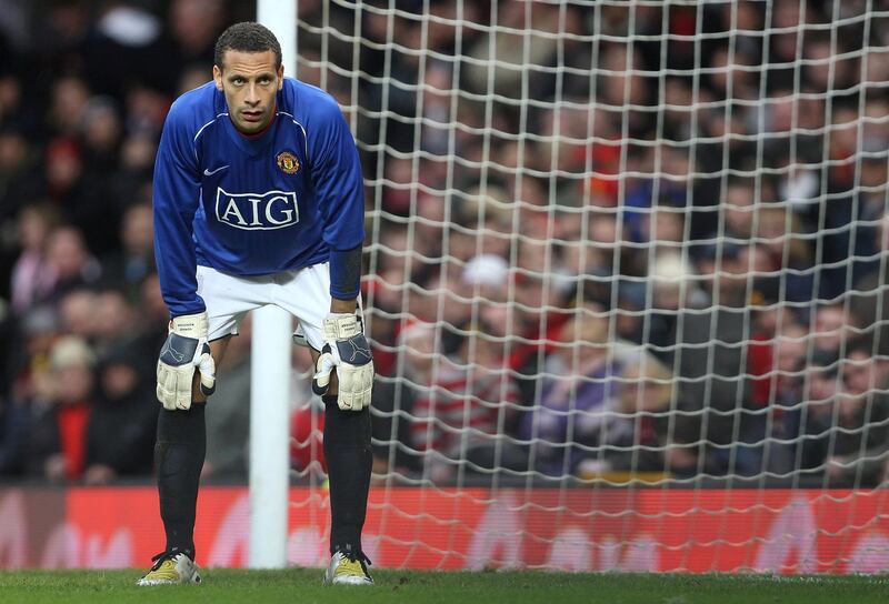 MANCHESTER, ENGLAND - MARCH 8:  Rio Ferdinand of Manchester United takes his place in goal after the sending off of Tomasz Kuszczak during the FA Cup sponsored by e.on Quarter-Final match between Manchester United and Portsmouth at Old Trafford on March 8 2008 in Manchester, England. (Photo by John Peters/Manchester United via Getty Images)