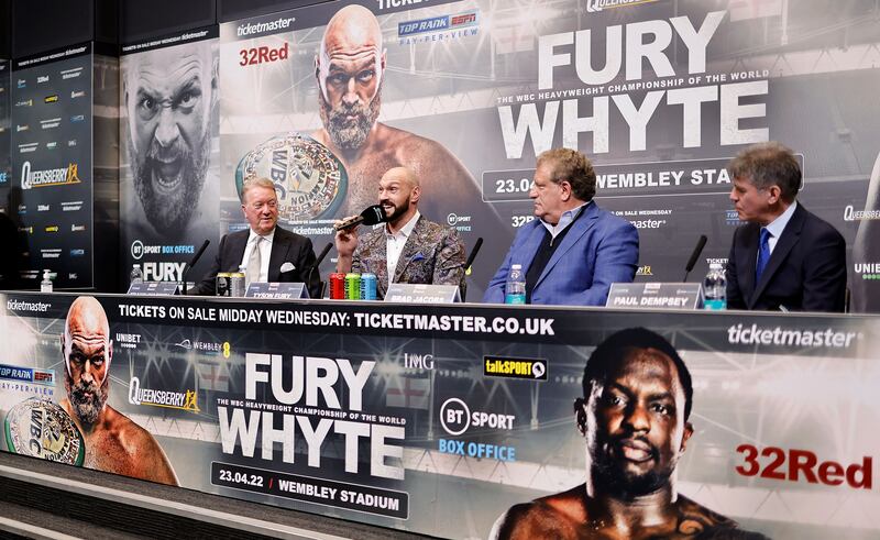 Promoter Frank Warren and Tyson Fury during the press conference at Wembley Stadium. AFP