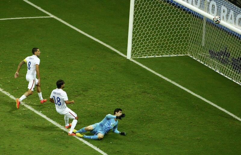 Chris Wondolowski, No 18, of the US misses a chance near the end of normal time against Belgium on Tuesday at the 2014 World Cup last 16. Ruben Sprich / Reuters
