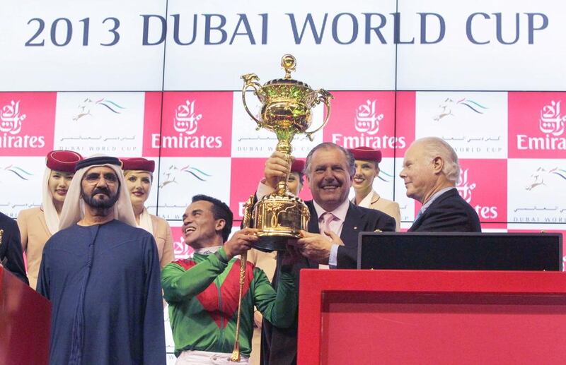 March: Ruler of Dubai Sheikh Mohammed bin Rashid al-Maktoum  looks on as Joel Rosario celebrates with the trophy after winning the ninth and final race of the Dubai World Cup at the Meydan Racecourse. Reuters/Caren Firouz