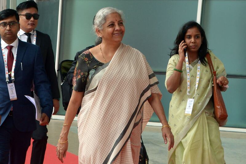 Nirmala Sitharaman arrives for the G20 meeting in Gandhinagar on Monday. AFP