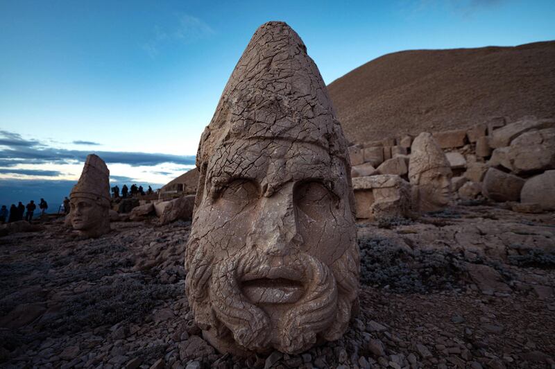 Stone head statues at the archaeological site of Mount Nemrut in Adiyaman, southeastern Turkey. A Unesco World Heritage Site, it is on a 2,134-metre mountain.