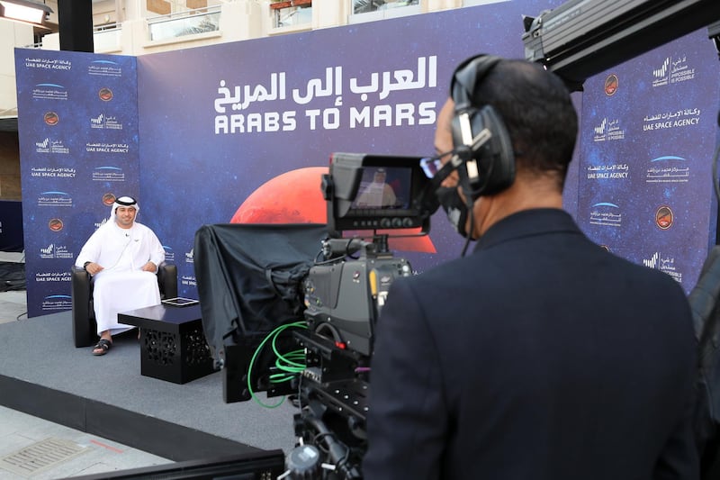 Dubai, United Arab Emirates - Reporter: Sarwat Nasir. News. Mars Mission. TV crews get ready at an event at Burj Park to celebrate the Hope probe going into orbit around Mars. Tuesday, February 9th, 2021. Dubai. Chris Whiteoak / The National