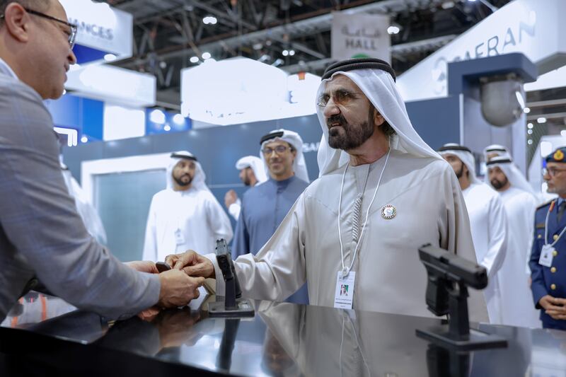 Sheikh Mohammed bin Rashid, Vice President and Ruler of Dubai, tours the 16th International Defence Exhibition and Conference at Adnec. He was accompanied by Sheikh Mansour bin Zayed, Deputy Prime Minister and Minister of the Presidential Court, and Sheikh Hamdan bin Mohammed, Crown Prince of Dubai. All photos: Wam