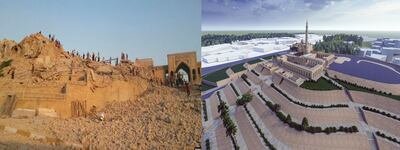 Left, the current state of Al Nabi Yunus mosque; right, Abdullah Bashar's virtual-reality rendering of the building and its site before its destruction. Photo: Qaf Labs