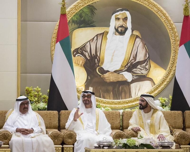 Sheikh Hamdan bin Rashid, Deputy Ruler of Dubai and Minister of Finance and Industry, Sheikh Mohammed bin Zayed Crown Prince of Abu Dhabi and Deputy Supreme Commander of the Armed Forces, and Sheikh Mohammed bin Rashid, Vice-President and Ruler of Dubai, attend the swearing-in ceremony for the Cabinet ministers.