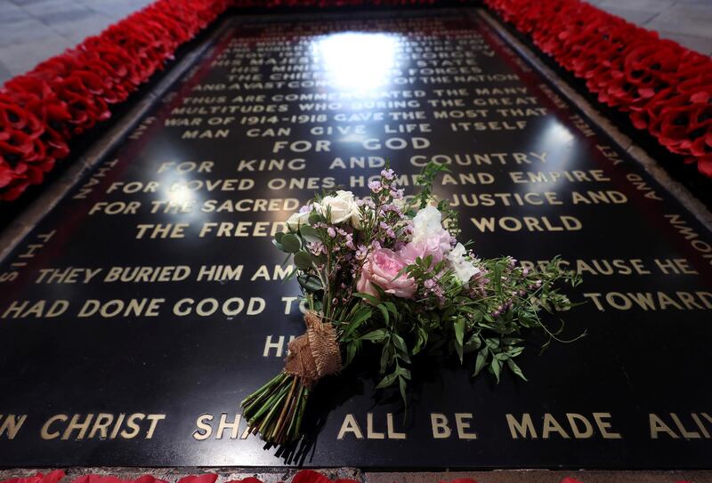 Britain's Princess Beatrice's wedding bouquet is seen traditionally placed on the Tomb of the Unknown Warrior in Westminster Abbey. Reuters