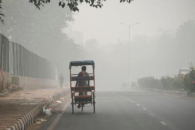 A rickshaw puller rides along a road under heavy smog conditions in New Delhi on November 3, 2019. / AFP / Sajjad  HUSSAIN
