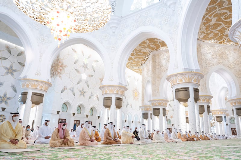 Sheikh Mohamed bin Zayed and other UAE sheikhs and senior officials attend Eid Al Fitr prayers at the Sheikh Zayed Grand Mosque. Photo: Ministry of Presidential Affairs