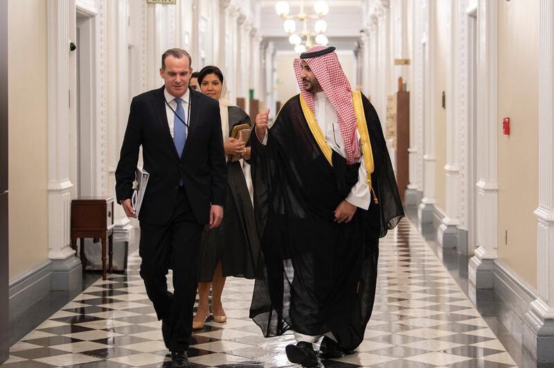 Prince Khalid bin Salman, Saudi Arabia's Vice Minister of Defence, meets Brett McGurk, White House Co-ordinator for the Middle East and North Africa.