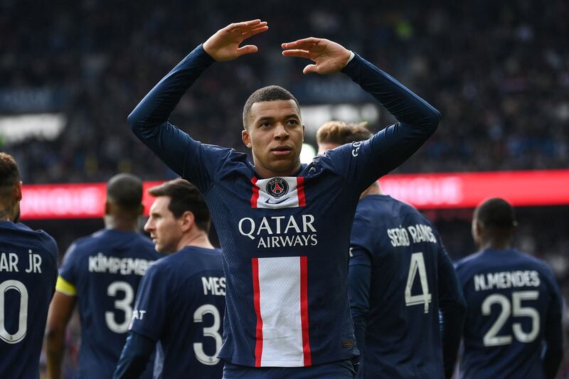 Kylian Mbappe celebrates scoring PSG's first goal at Parc des Princes. AFP