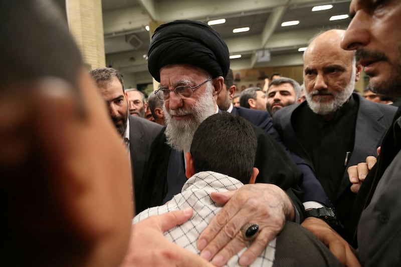 Iran's supreme leader Ayatollah Ali Khamenei meets relatives of IRGC members killed in the Israeli strike on the Iranian embassy complex in Damascus. Reuters