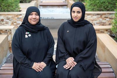 DUBAI, UNITED ARAB EMIRATES. 27 NOVEMBER 2018. National Day stories. Seven Emiratis from the Seven Emirates who work for EXPO 2020.  LtoR: Sharjah resident, Layla Khalid (Coordinator, Human Resources, Workforce and Volunteers) and Ajman resident, Mahra Al Nuaimi (Communications team). (Photo: Antonie Robertson/The National) Journalist: Ramola Talwar. Section: National.