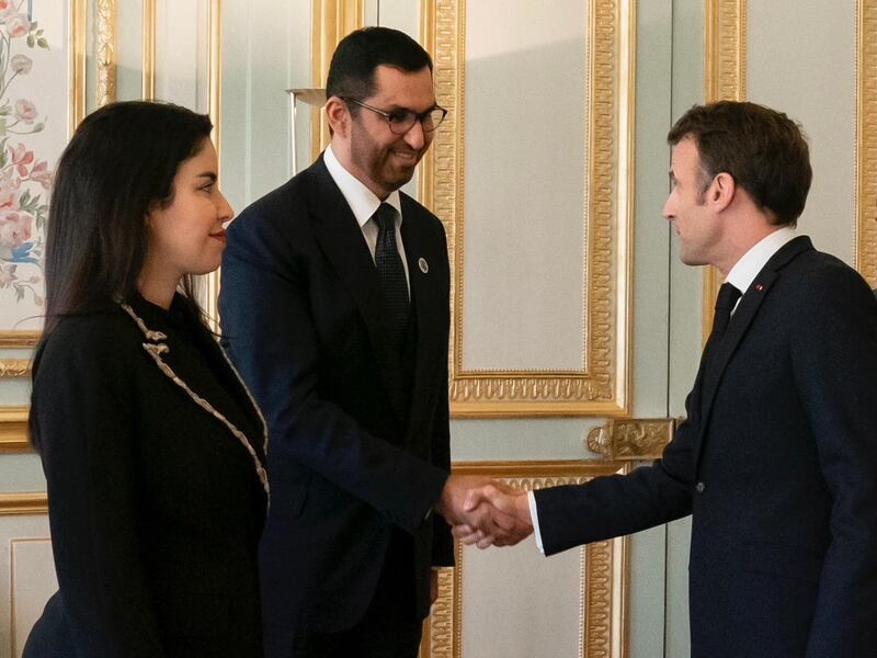 Dr Sultan Al Jaber, President-designate of Cop28 and UAE Special Envoy for Climate Change, meets French President Emmanuel Macron. Photo: Cop28 UAE / Twitter