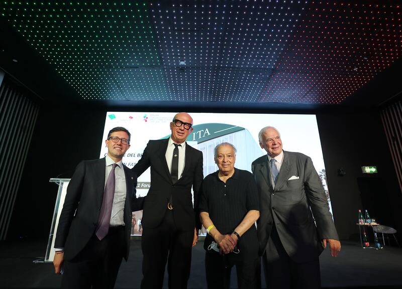 Dario Nardella, mayor of Florence with Marco Bizzarri, president of Gucci, Zubin Mehta, a  orchestra maestro and Alexander Pereira, head of a famous Florence opera house after an emotionally-charged conference at Expo 2020 Dubai where the group reached full funding for a new concert hall in the Italian city.