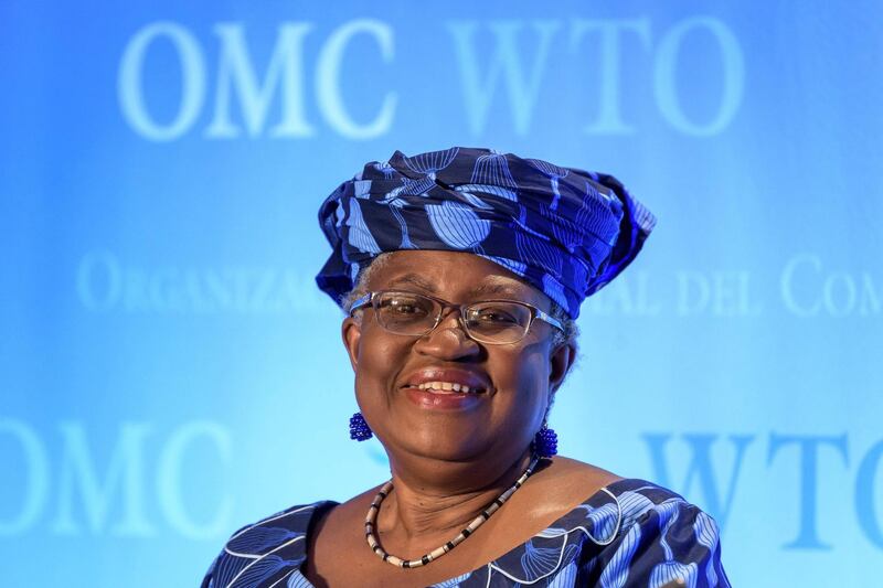 A picture taken on July 15, 2020, in Geneva shows Nigerian former Foreign and Finance Minister Ngozi Okonjo-Iweala smiling during a hearing before World Trade Organization 164 member states' representatives, as part of the application process to head the WTO as Director General. South Korean trade minister Yoo Myung-hee on February 5, 2021 abandoned her bid to become head of the WTOm, Seoul said, clearing the way for Nigeria's Ngozi Okonjo-Iweala to become the global body's first woman and first African director-general. / AFP / Fabrice COFFRINI
