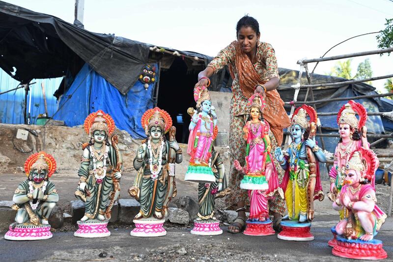 Statues of Hindu deities displayed outside a workshop in Hyderabad on the eve of the Ram Navami festival. AFP