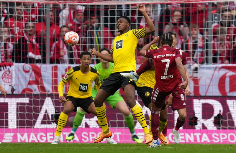 Bayern Munich's Serge Gnabry scores the opening goal during their 3-1 Bundesliga victory against Borussia Dortmund at the Allianz Arena in Munich on April 23. AP