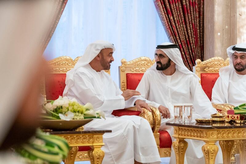 DUBAI, UNITED ARAB EMIRATES - May 19, 2019: HH Sheikh Mohamed bin Zayed Al Nahyan, Crown Prince of Abu Dhabi and Deputy Supreme Commander of the UAE Armed Forces (L), attends an iftar reception hosted by HH Sheikh Mohamed bin Rashid Al Maktoum, Vice-President, Prime Minister of the UAE, Ruler of Dubai and Minister of Defence (C), at Zabeel Palace. Seen with HH Sheikh Hamdan bin Zayed Al Nahyan, Ruler’s Representative in Al Dhafra Region (R).

( Mohamed Al Hammadi / Ministry of Presidential Affairs )
---