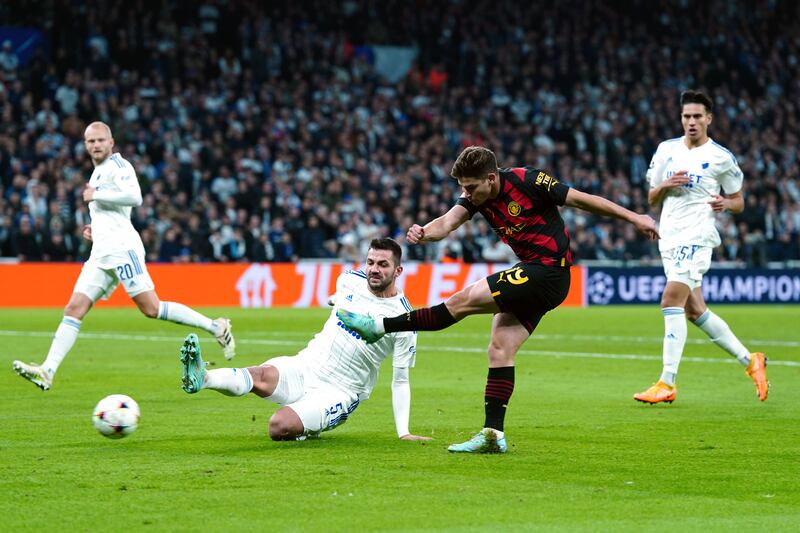 Manchester City's Julian Alvarez shoots. PA