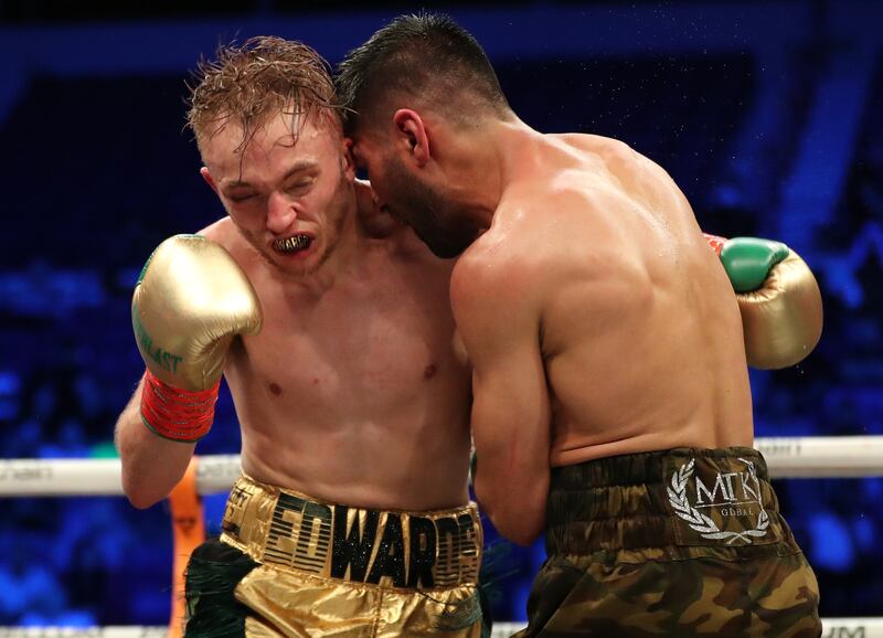 Sunny Edwards and Muhammad Waseem during their IBF flyweight title fight.
