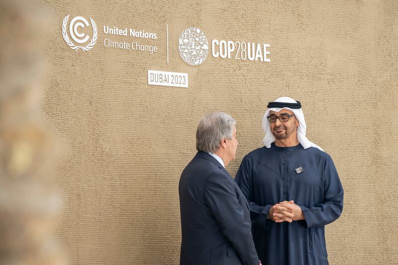 President Sheikh Mohamed speaks with Antonio Guterres, UN Secretary General. Eissa Al Hammadi / UAE Presidential Court