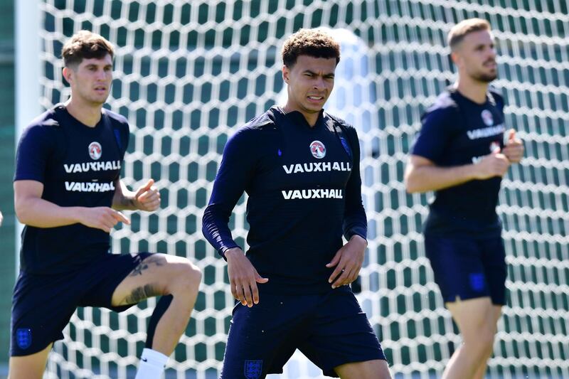 England midfielder Dele Alli takes part in a training session in Repino on June 27, 2018 ahead of their match against Belgium. Giuseppe Cacade / AFP