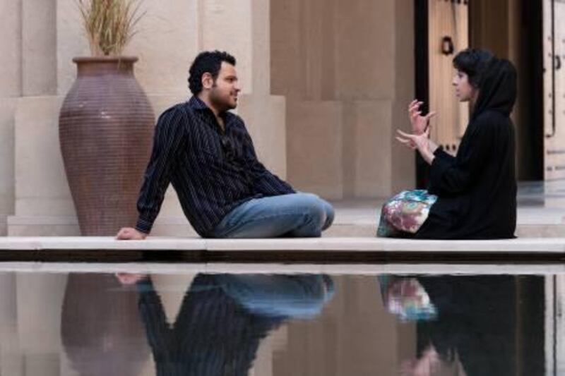 Writer Waleed Hashim and Badriah Mohammed Al Khouri (Emirates foundation for Philanthropy) developing their ideas in the relaxed settings of Qasr Al Sarab. Duncan Chard for the National