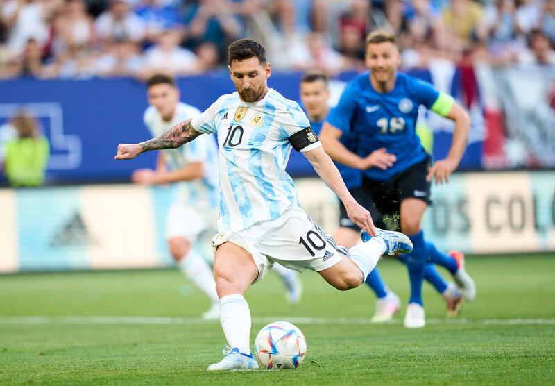 Lionel Messi of Argentina opens the scoring from the penalty spot. Messi would finish the match with five goals to take his international goals tally to 86 in 162 games for Argentina. Getty Images