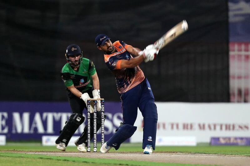 Ansar Khan of MGM cricket club playing a shot during the Sharjah Ramadan Cup final between Future Mattress vs MCM Cricket Club held at Sharjah International Cricket Stadium in Sharjah on May 7,2021. Pawan Singh / The National. Story by Paul