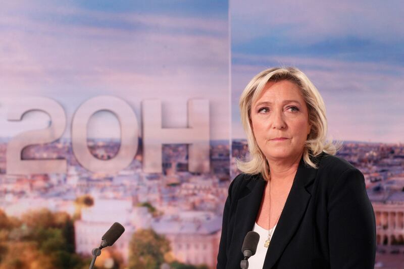 France's National Rally leader, Marine Le Pen, takes part in the news broadcast of TV channel TF1 in Boulogne-Billancourt, outside Paris, on Sunday. AFP