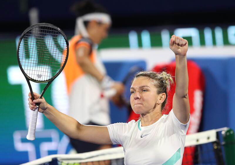 Simona Halep celebrates her quarter-final victory against Ons Jabeur at the Dubai Duty Free Tennis Championships. EPA