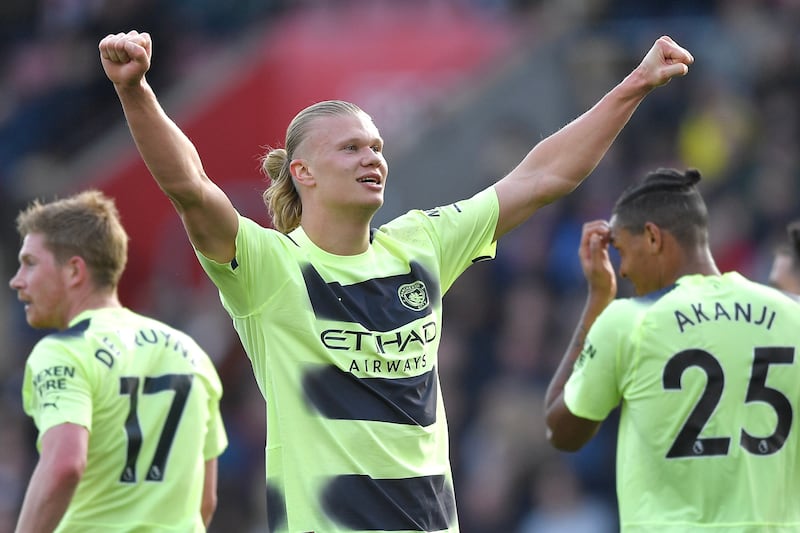 CF: Erling Haaland (Manchester City): Reached a remarkable 30 goals for the season with a double against Southampton. The first was Haaland at his predatory best, using his power to head home a Kevin de Bruyne cross. His second, though, was pure class as the Norwegian fired home a bicycle kick for his 41st goal in all competitions. EPA