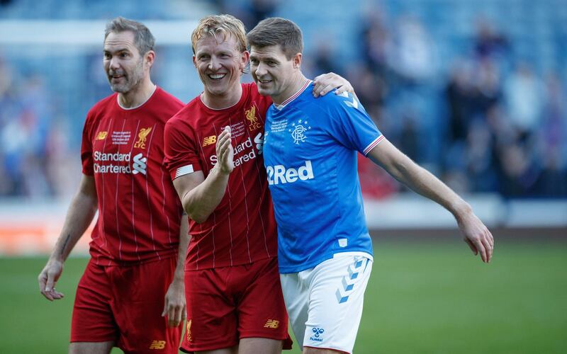 Liverpool's Dirk Kuyt (centre) and Steven Gerrard after the legends match at Ibrox Stadium, Glasgow. PA Photo. Picture date: Saturday October 12, 2019. Photo credit should read: Steve Welsh/PA Wire