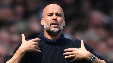 LONDON, ENGLAND - MAY 11: Pep Guardiola, Manager of Manchester City, reacts during the Premier League match between Fulham FC and Manchester City at Craven Cottage on May 11, 2024 in London, England. (Photo by Justin Setterfield / Getty Images)