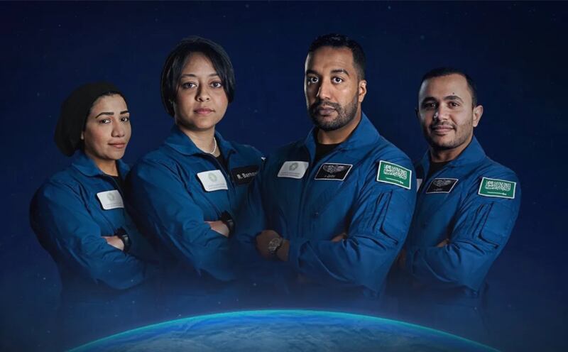 From left to right, Saudi astronauts Mariam Fardous, Rayyannah Barnawi, Ali AlQarni and Ali Alghamdi. Ms Fardous and Mr Al Qarni are launching to the ISS in May on a SpaceX rocket. Photo: Saudi Space Commission