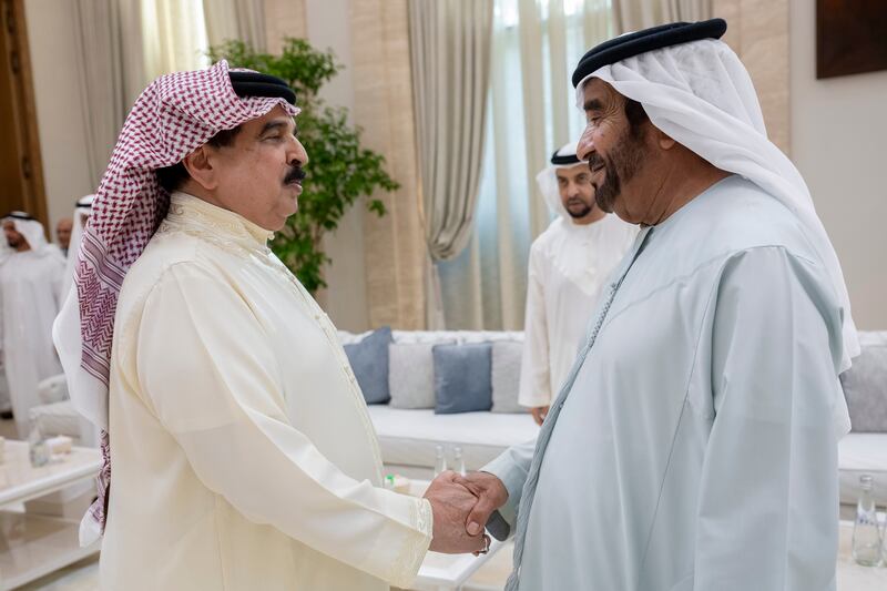 King Hamad of Bahrain offers condolences to Sheikh Saif bin Mohammed on the passing of Sheikh Tahnoon bin Mohammed, Ruler's Representative in Al Ain Region, at Al Mushrif Palace. Abdulla Al Neyadi /  UAE Presidential Court