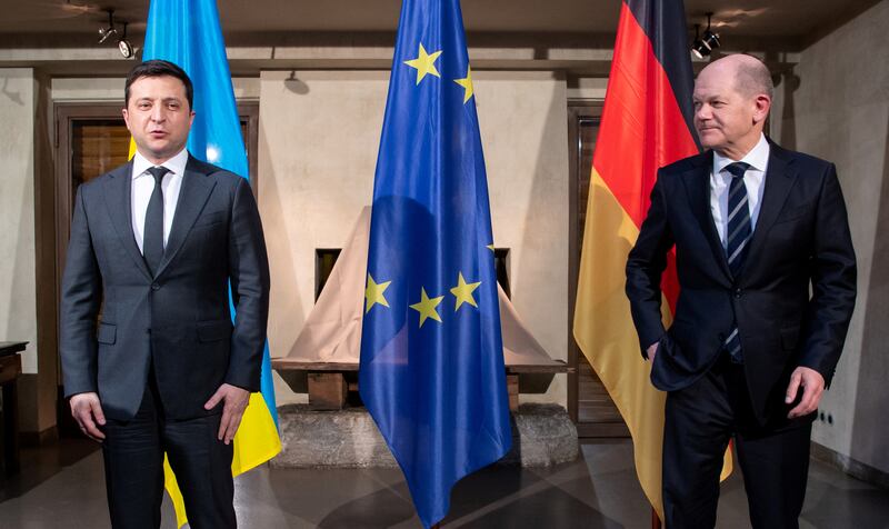 Ukraine's Volodymyr Zelenskyy met Germany's Olaf Scholz days before the Russian invasion at last year's Munich Security Conference. Reuters
