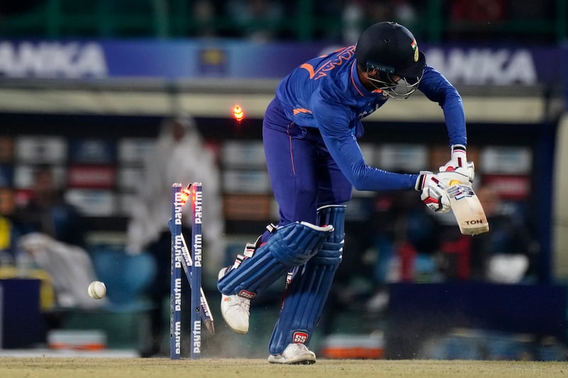 India's Deepak Hooda is bowled by Sri Lanka's Lahiru Kumara during the third T20. AP