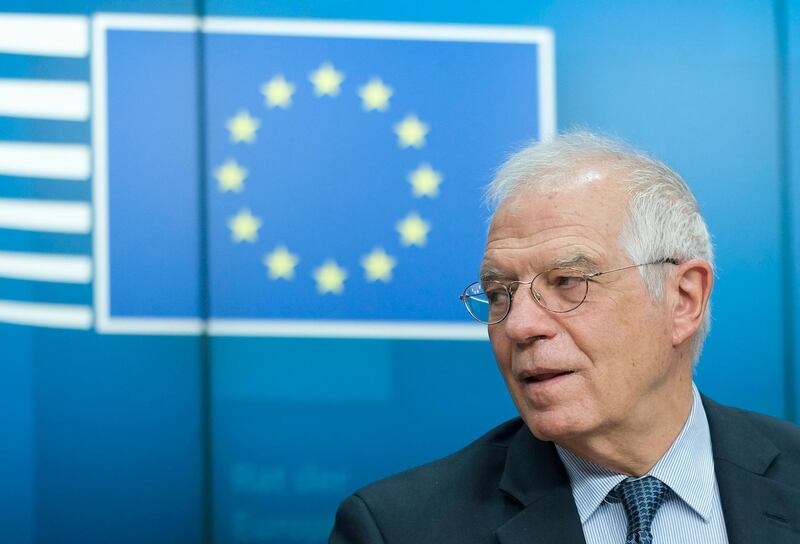 EU foreign affairs high representative Josep Borrell addresses a press conference following a videoconference with EU Defence Ministers in Brussels on June 16, 2020.   / AFP / POOL / Olivier HOSLET
