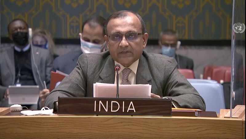 India's ambassador T S Tirumurti attends the meeting. AP