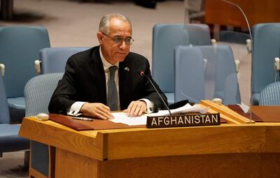 The current UN ambassador appointed by the ousted government, Ghulam Isaczai, speaks at a UN security council meeting on Afghanistan. AFP